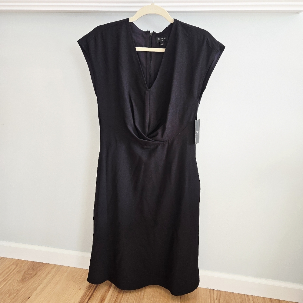 Tahari Black Short Sleeve Midi Dress V-Neck Twist Front NWT